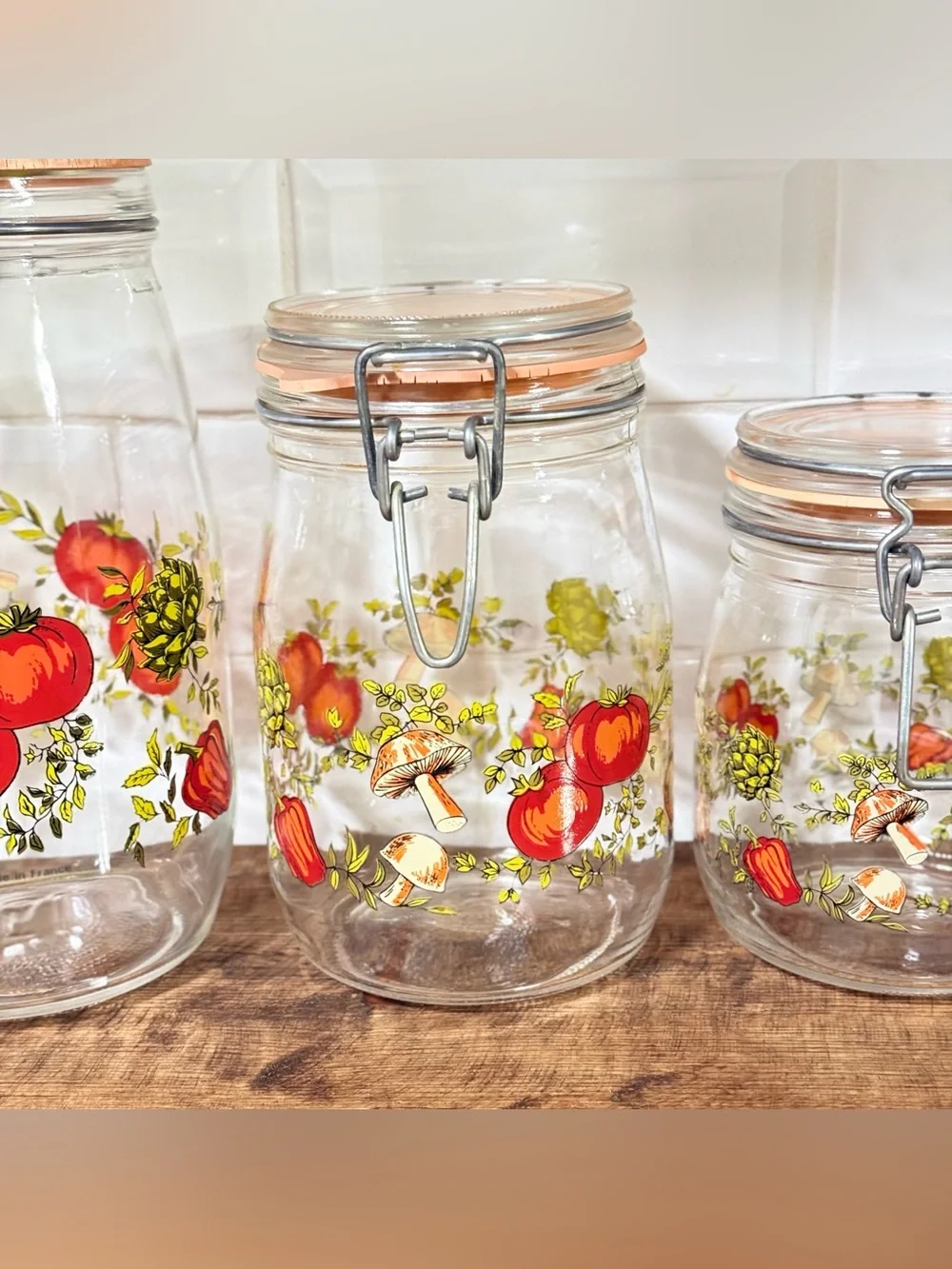 ARC France Vintage Spice Of Life Mushroom Glass Canister Jar Set Of 3 1970s MCM